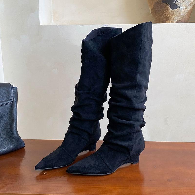 

Модные современные женские ботфорты до колена, женская обувь на танкетке, модные слипоны, женские длинные ботинки челси на танкетке, зима, осень 35 чёрный