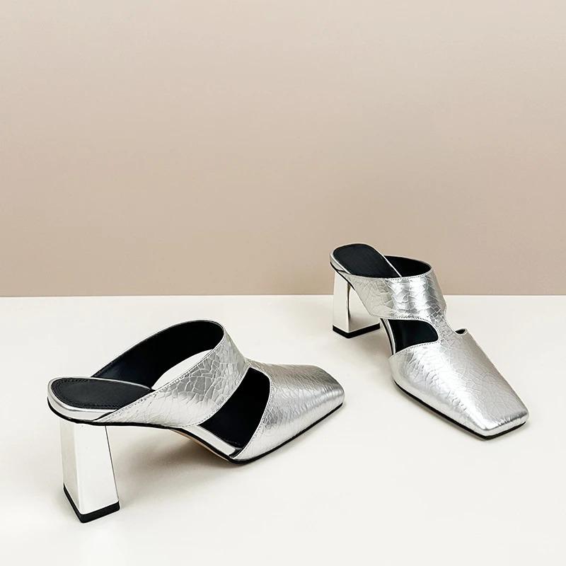 Mote Nye Pumps Damesandaler Ute Naturlig Skinn Sprekket Tøfler Kvinnelig Mote Firkantet Tå Mules Høy Hæl Slides Sko