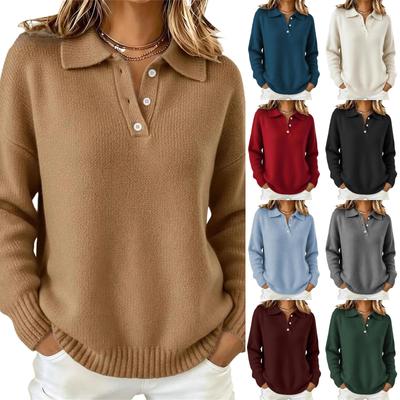 Women's Casual Loose Fit Polo Shirt Long Sleeve Knit Top Soft Texture Collar Button Placket Lightweight Pullover Sweater
