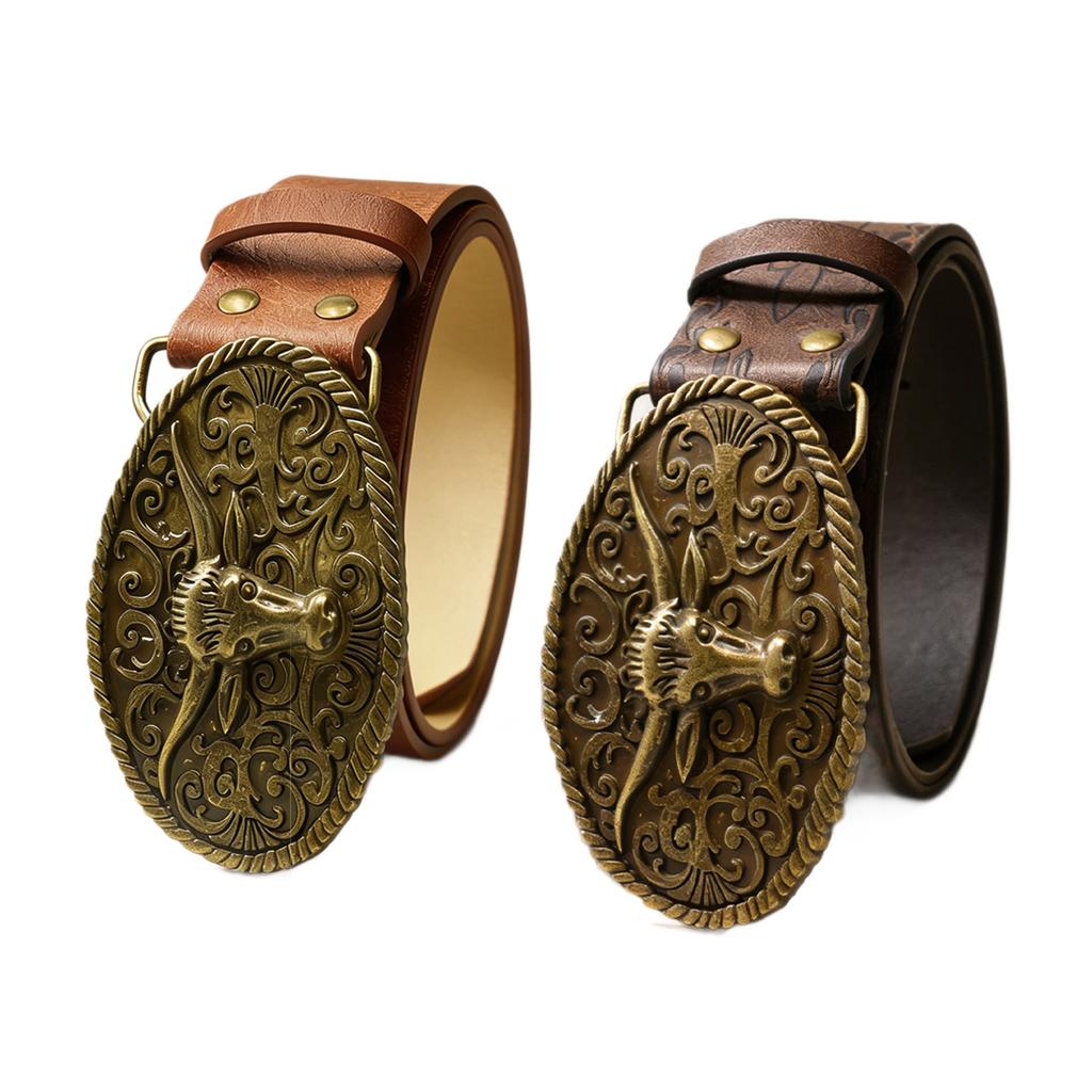 American retro western style belt, old bull head carved buckle belt, street denim wear decorative belt