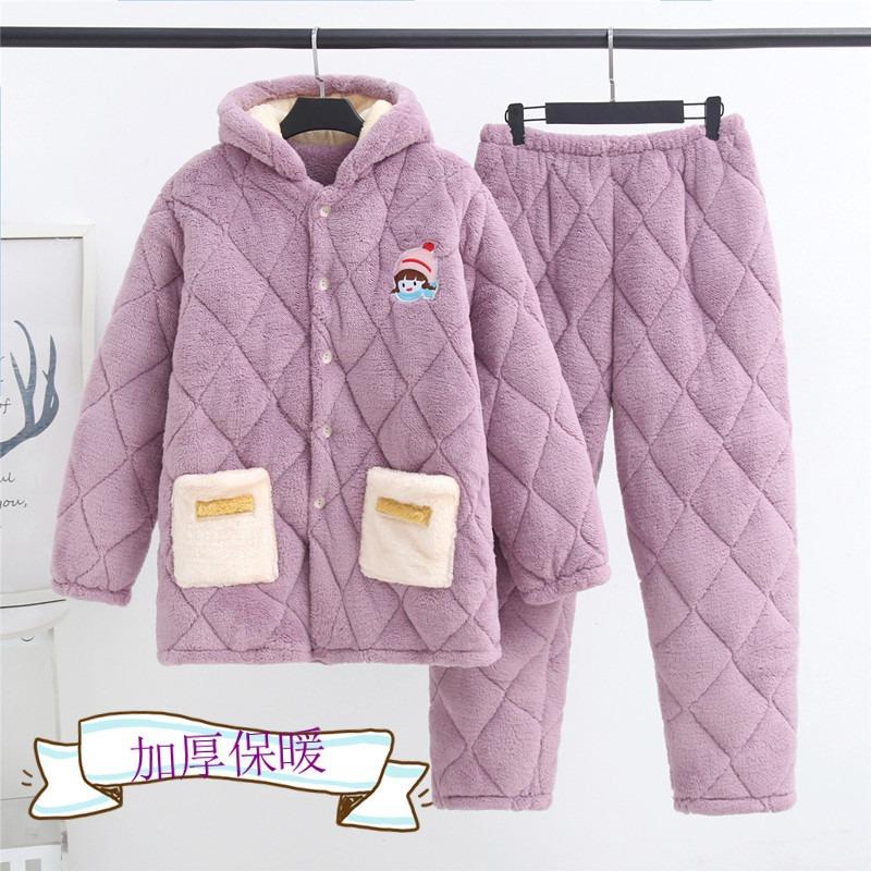 Coral fleece women's pajamas three-layer padded cotton thickened pregnancy postpartum breastfeeding set thermal loungewear