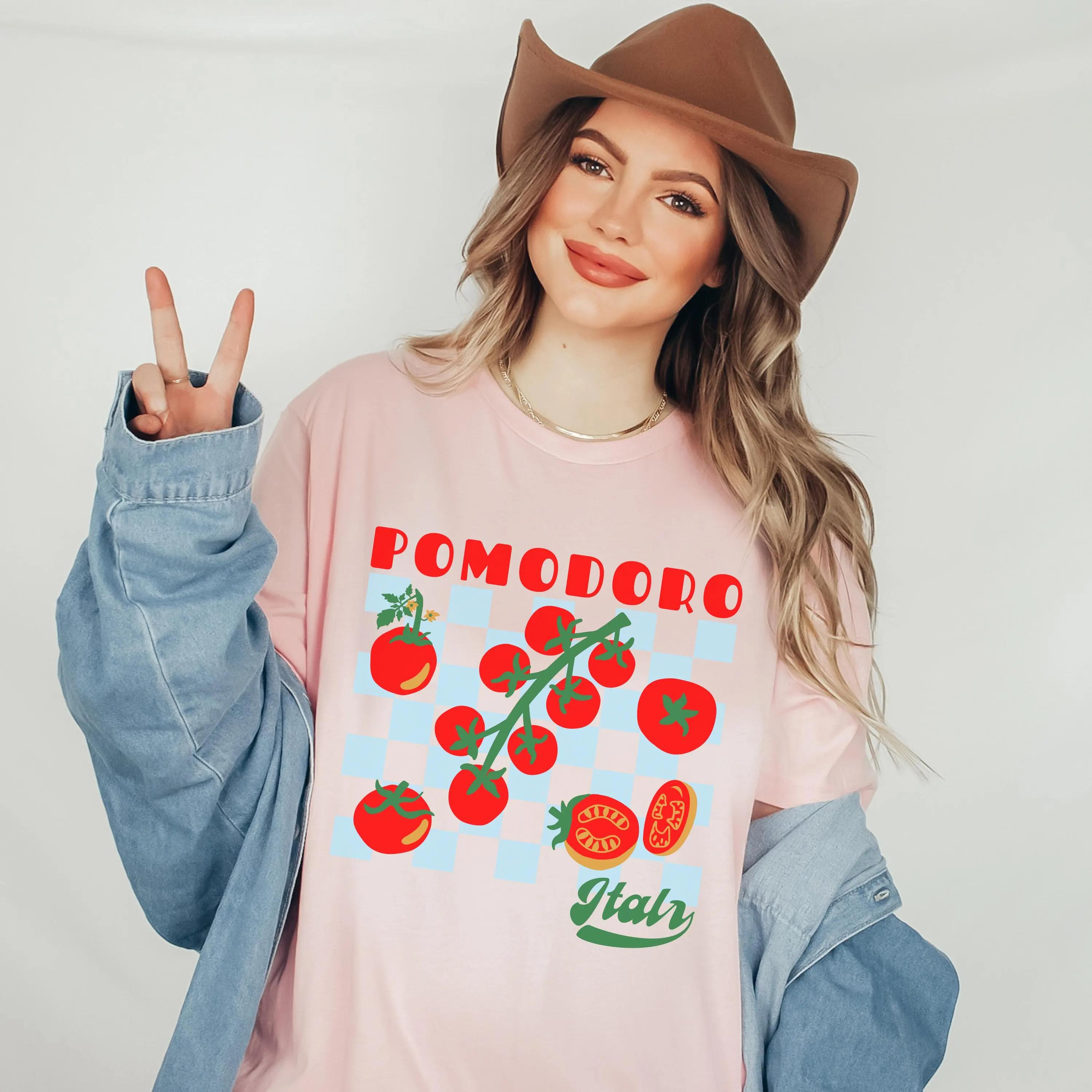 

Большой размер Летняя Женская Винтажная Футболка Pomodoro Италия Хлопок Дышащая Стильная Универсальная Уличный Стиль Оверсайз XL