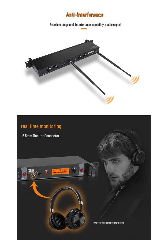 XTUGA RW2080 UHF Dual-Channel Wireless In-Ear Monitor System with Rackmount 2U Transmitter for Stage and Recording