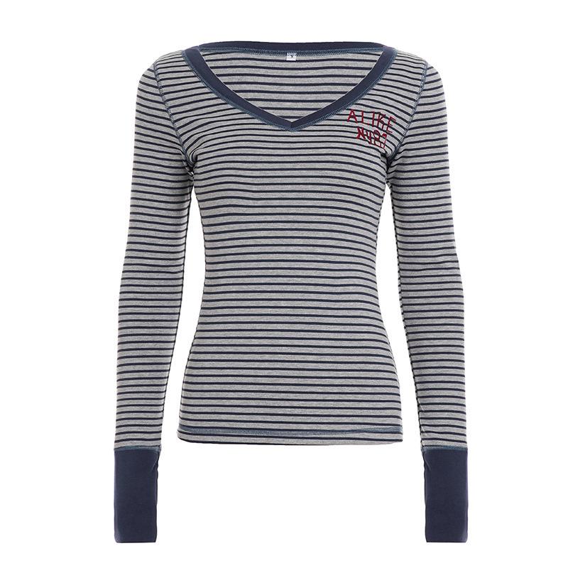 Women s Street Style Retro Stripe V-Neck Long Sleeve T-Shirt Large синий