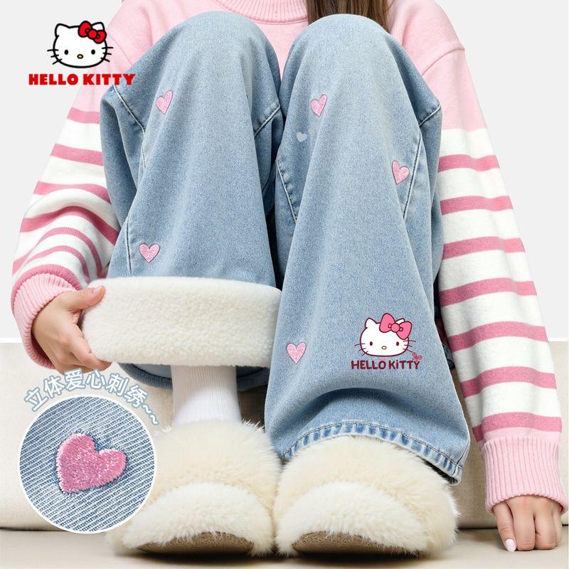 Hello Kitty Girls' Pants Autumn and Winter 2025 New Children's Fleece-Lined Jeans Cotton Pants Thickened for Winter