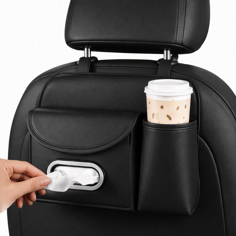 Pu Leather Car With Tissue Holder Cup Pocket Fits Road Trips Daily Commute Easy Install Keep Car Tidy