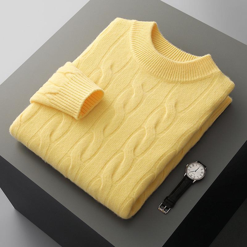 Men's Pure Wool Thick Cable Knit Sweater - Round Neck Solid Color for Autumn and Winter