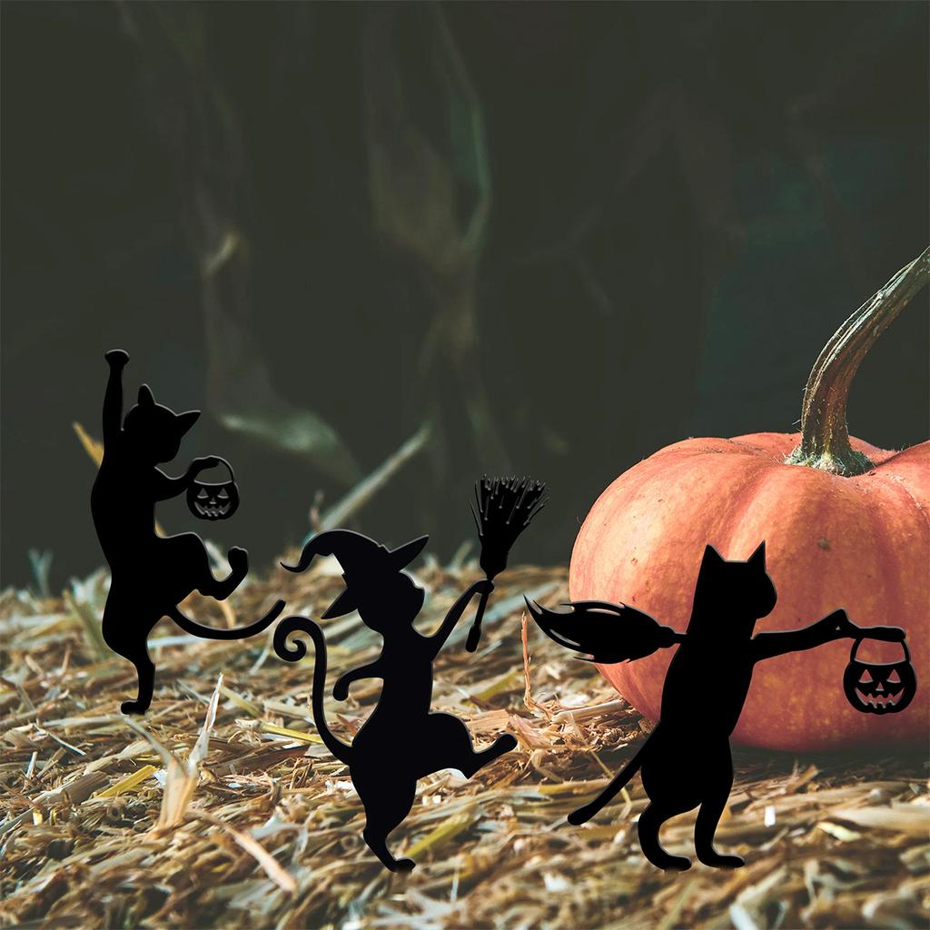 1Pc Iron Black Cat Garden Decoration Ground Plug, Halloween Garden Pile, Halloween Cat Logo, Dancing Cat Garden Decoration, Halloween Outdoor Decorat