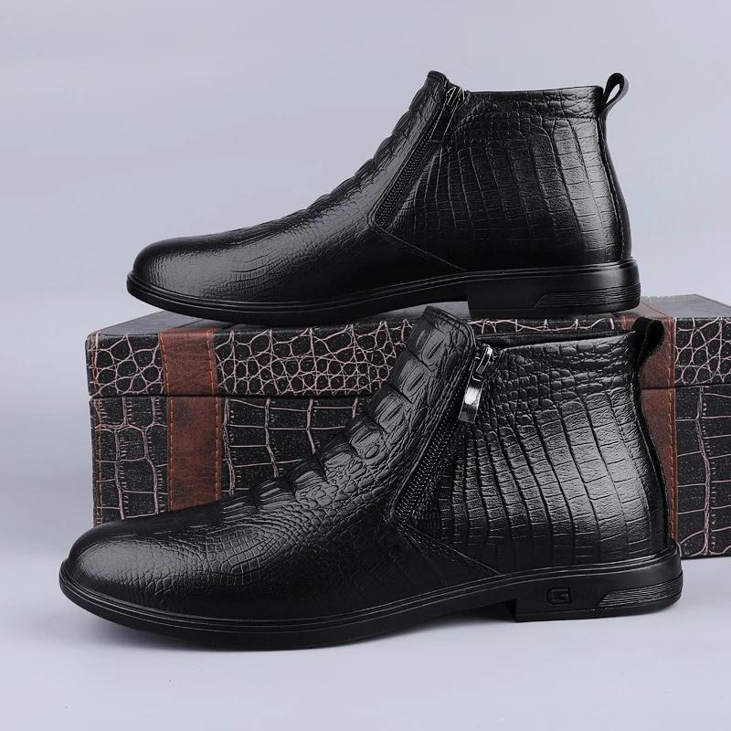 Fashion Winter Plush Genuine Leather Chelsea Men Boots Leather Men Designer Ankle Boot Fashion Casual Business Formal Boots Cowboy Boots