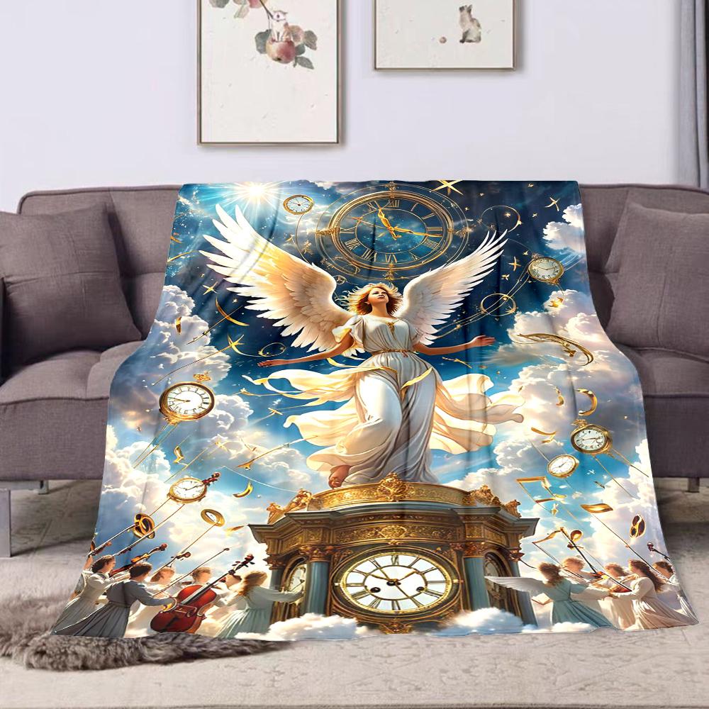 "Angel with Wings and Heavenly Clocks" Patterned Flannel Blanket Perfect for the Bedroom Living Room, Sofa, or a Little Nap