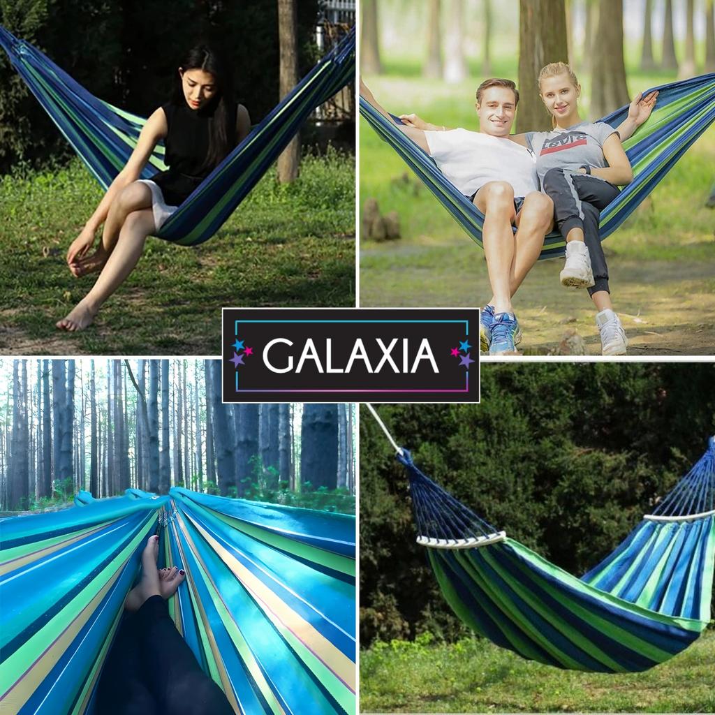 Double Hammock De Gardina 260×150 Cm GALAXIA® Blue Green Wooden Bar Cotton Double Hammock