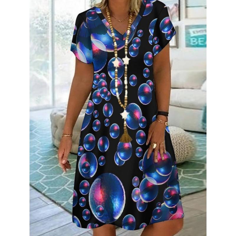 Ladies  elegant short sleeved dress in spring and summer, with colorful geometric patterns and fashionable prints, elegant and chic A-list dress S