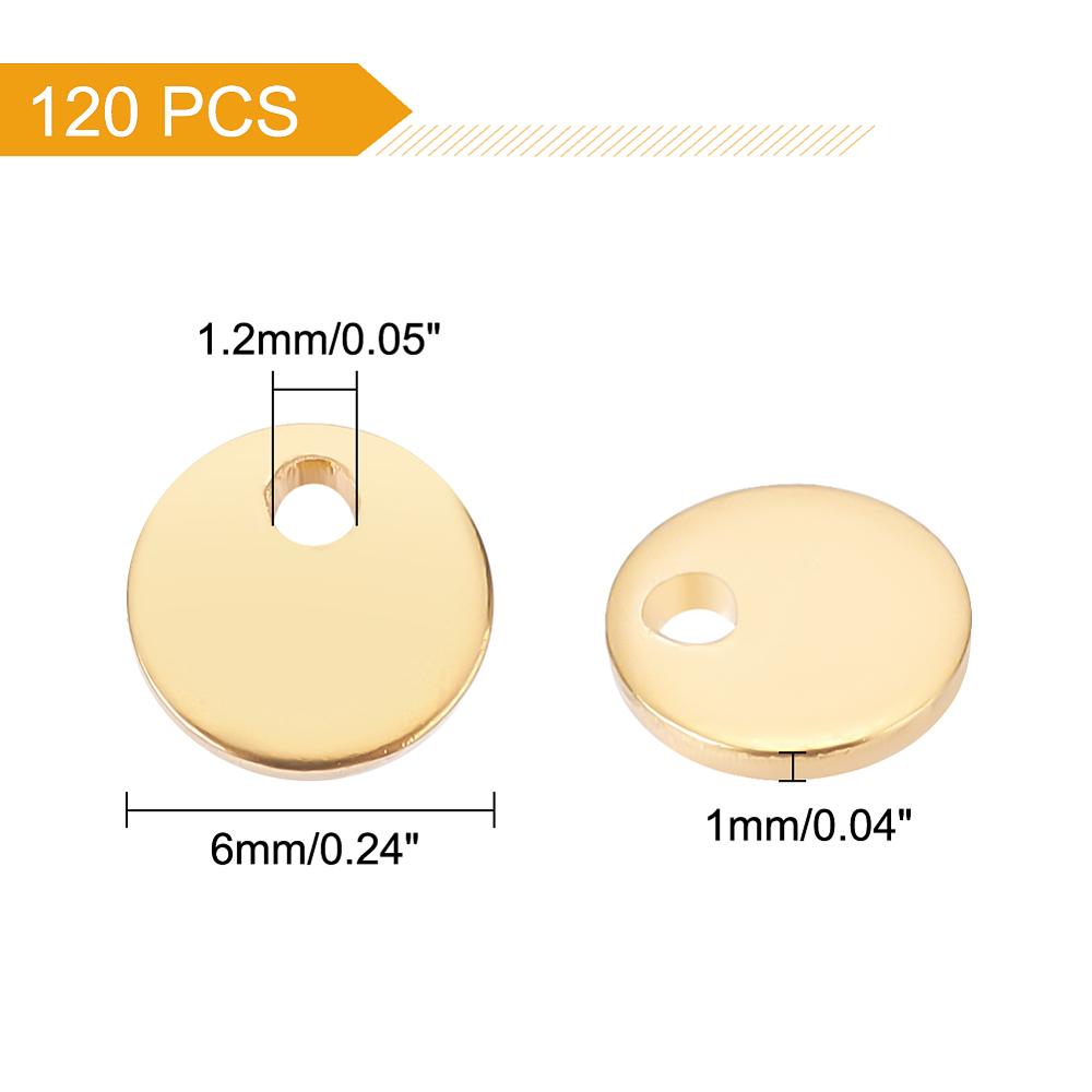 120Pcs 201 Stainless Steel Laser Cut Charms Blank Stamping Tag Flat Round Golden 6x1mm Hole: 1.2mm