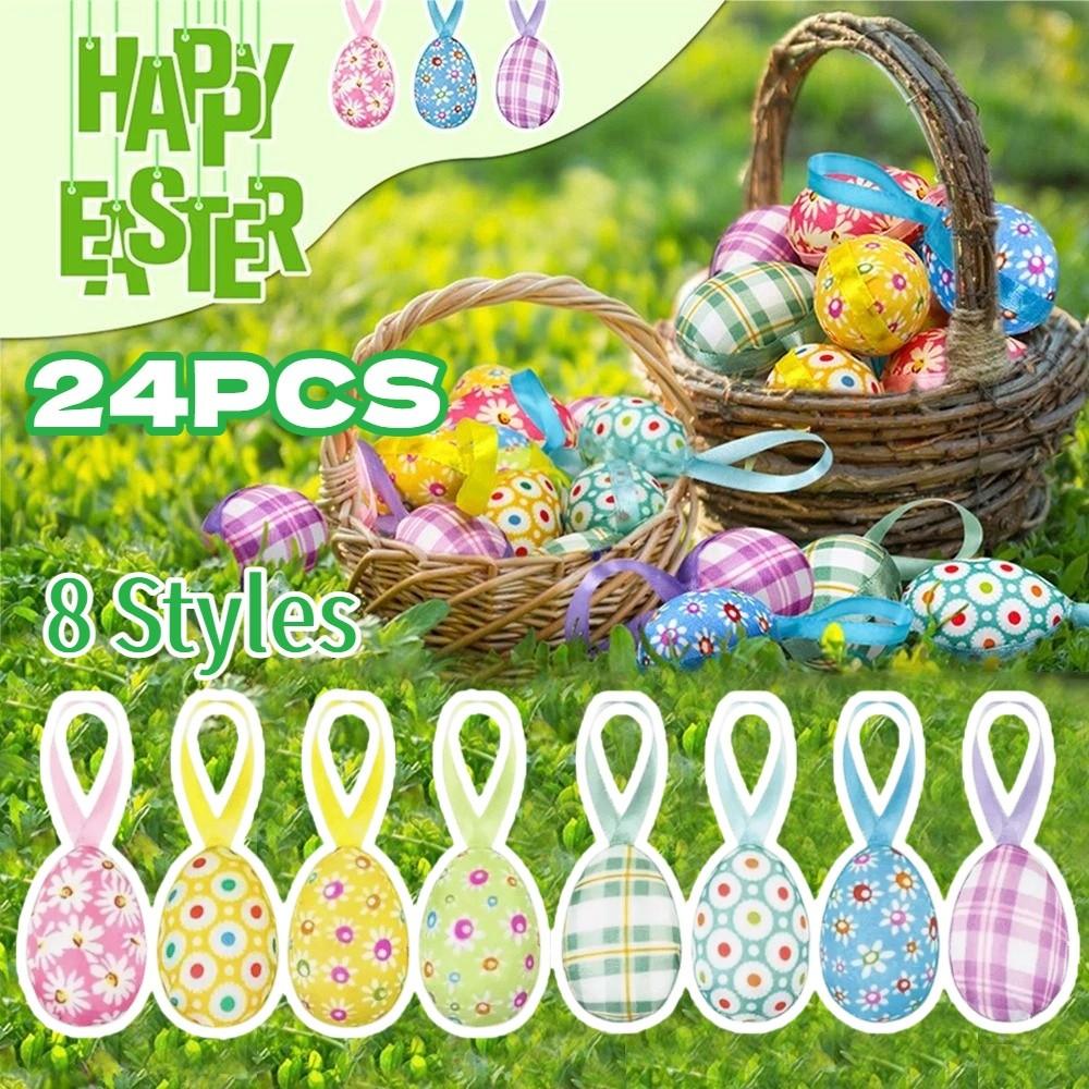 24Pcs Multicolor Easter Egg Ornaments DIY Craft Handmade Hanging Ornaments Hanging Ropes Decorative Foam Easter Eggs