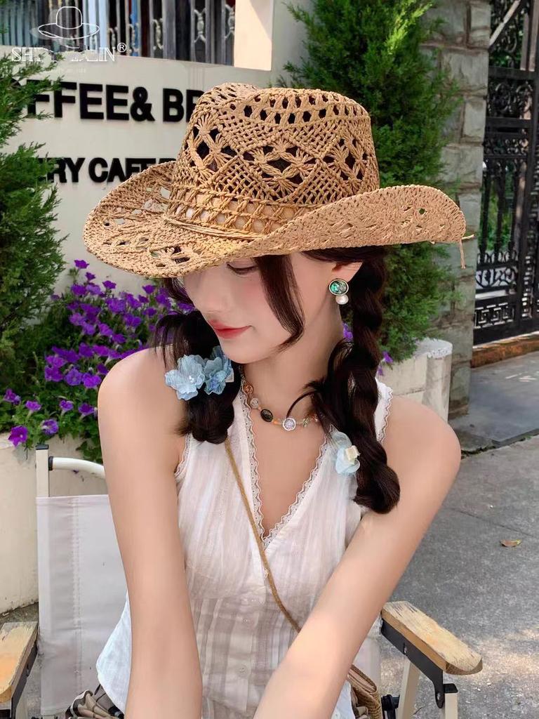 Classic Vintage Unisex Straw Western Cowboy Hat with Wide Brim Hollow out Design for Women Men Fishing Climbing Sun Protection