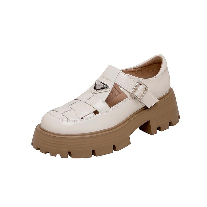 

Кожаные сандалии на платформе женские новые летние туфли-клетка из плетеной свиной кожи с закрытым носком, универсальные, фея, толстый каблук, женская обувь 40 бежевый