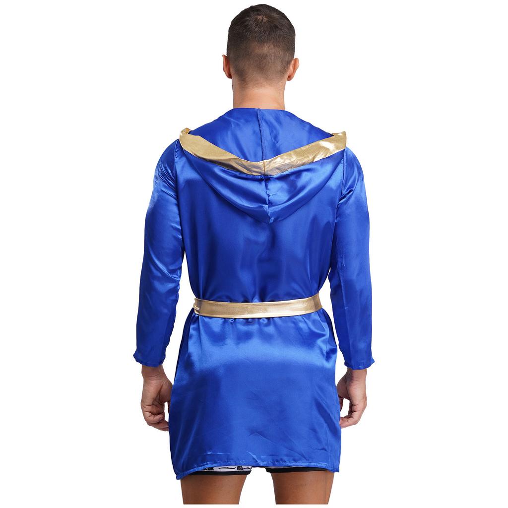 Mens Satin Hooded Cloak Shiny Trim Open Front Belt Boxing Robe