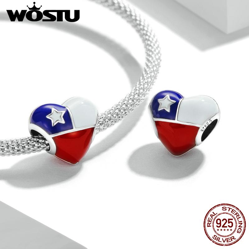 

WOSTU стерлингового серебра 925 пробы в форме сердца чилийский флаг подвеска из бисера подходит для оригинального браслета 3 мм женские ювелирные изделия 925 silver