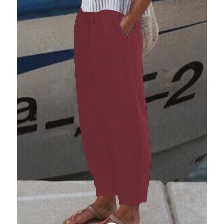 Women's Elastic Waist Linen Pants Loose Fit Casual Trousers Solid Color Pocket Harem Pants