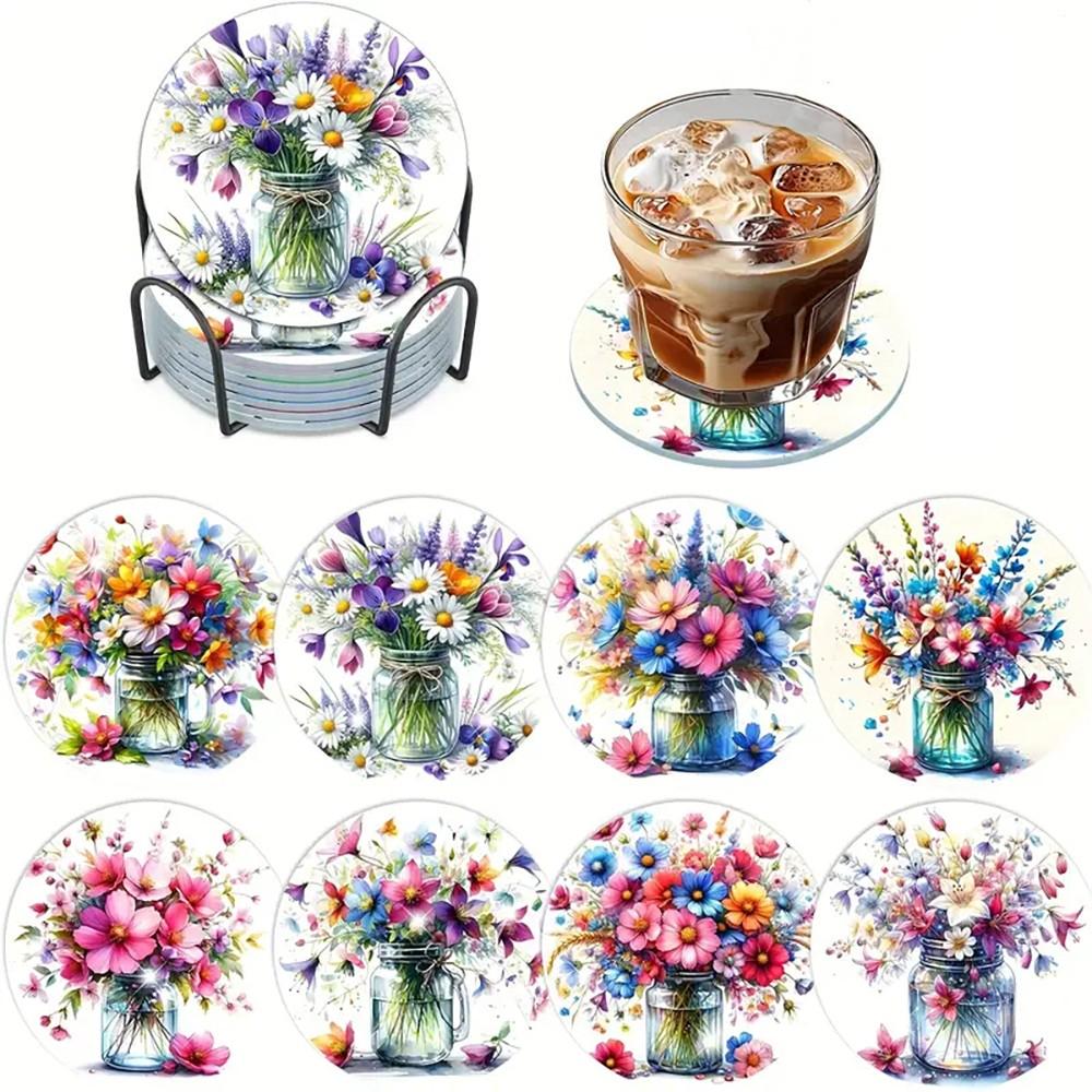 

8 шт./набор подставок под стакан с вышитыми цветами в виде шаров, расписанных алмазами, с держателем, подставка под стакан своими руками для начинающих и взрослых, товары для творчества и рукоделия в подарок 8PCS/Set