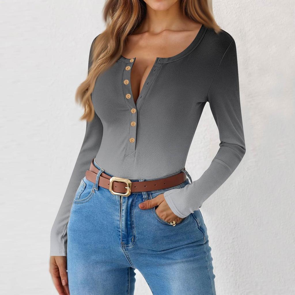 Women's  And Winter Slim Bottom T-shirt Fashion Casual Gradient Printing Round Neck Pullover Long Sleeve Top