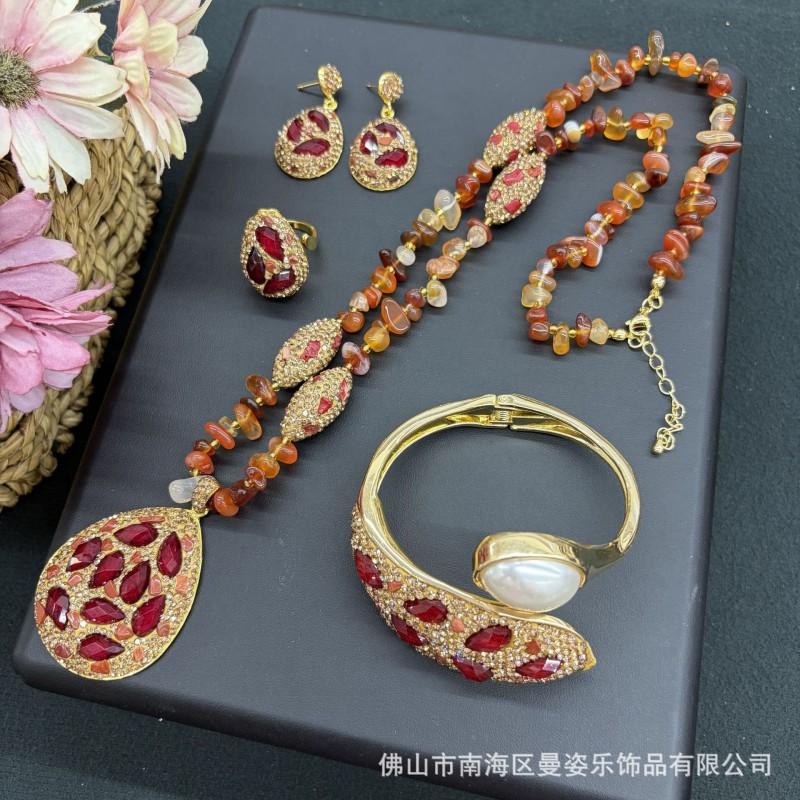 Elegant Vintage Pearl Jewelry Set Women Necklace Earrings Bracelet Ring With Waterdrop Heart Bell Charms In Gold Plated Finish