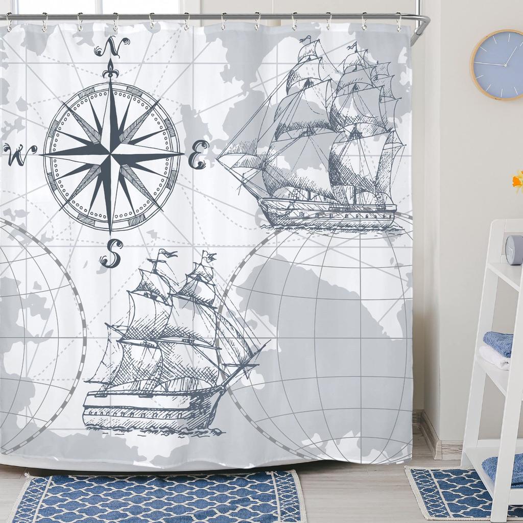 Nautical żaglówka drewniana zasłona prysznicowa kompas kotwica latarnia morska na Vintage drzwi do stodoły piracka tkanina wystrój łazienki z haczykami