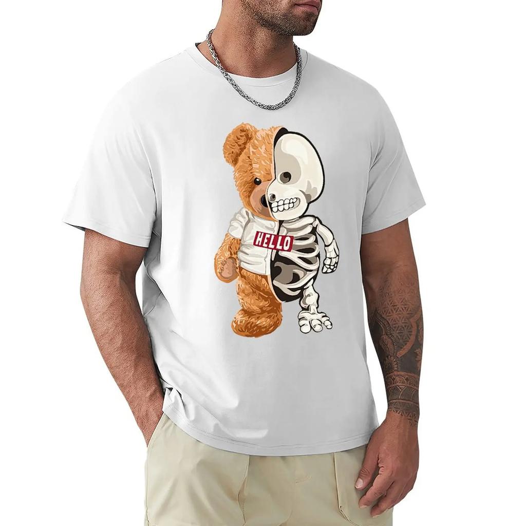 Hello Skeleton Teddy Bear T Shirt Harajuku Short Sleeve T-shirt 100% Cotton Graphics Tshirt Tops