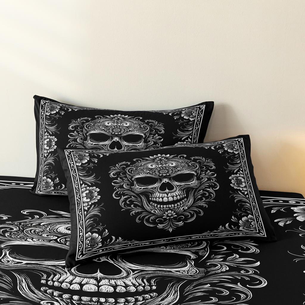 3 Pieces Vintage Ornate Gothic Skull Print Duvet Cover Set, White Scroll Flower Skeleton Dark Art Pattern Bedding