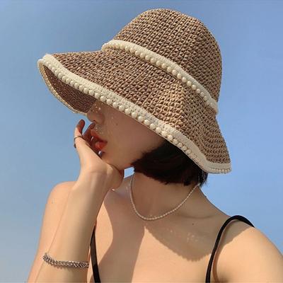 YENI kadın Yaz Kova Katlanır Hasır Şapka Panama UV Koruma Güneşlik Inci Şapka Sahil plaj şapkası Gelgit yazlık şapkalar