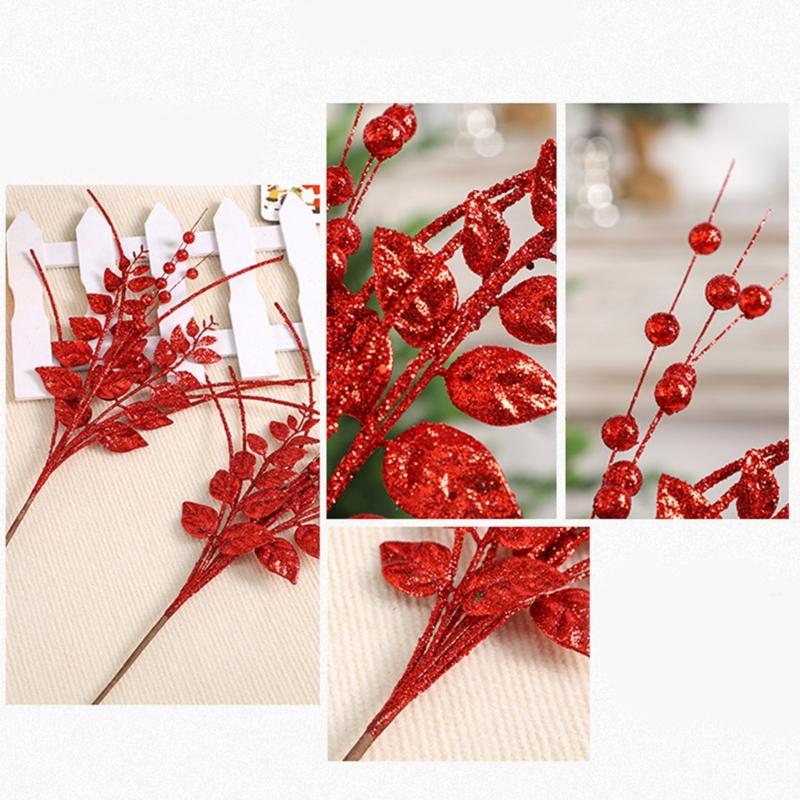6Pcs Decorative Faux Leaves with Berries Gold Powder Coated Leaf and Berries Clusters for Creative Decoration