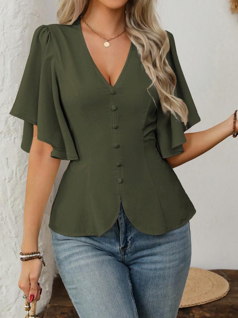 Fashion Chic Deep V Neck Solid Single Button Waist Slimming Women's Short Sleeve Top