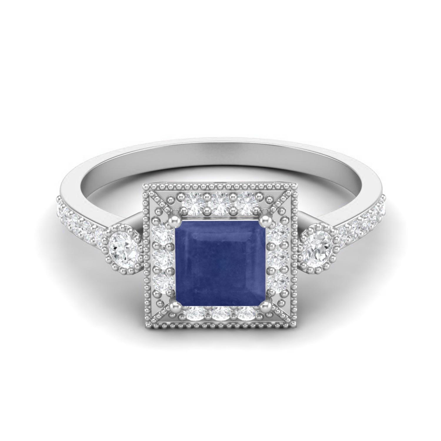 1.27 Cts Blue Sapphire Square Solitaire Accent 925 Sterling Silver Women Wedding Rings