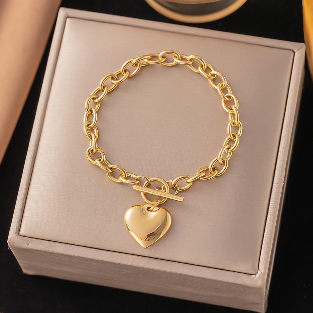 French Titanium Steel Heart Choker Necklace And Bracelet Set Sweet Peach Heart Tassel Design Women Jewelry