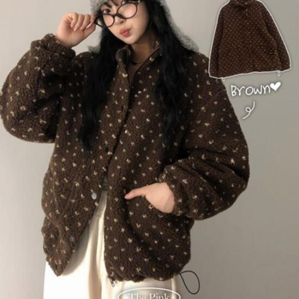 The Pink Loose Fit Contrast Dot Pocket Sherpa Zip Up Jacket
