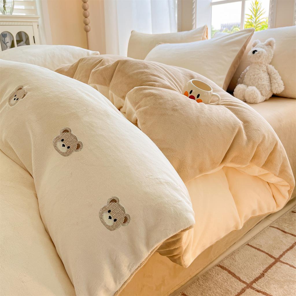 Thickened Milk Fleece Four-Piece Set, Embroidered Coral Fleece Quilt Cover, Thermal Bedding, Fleece Bed Sheet Three-Piece Set