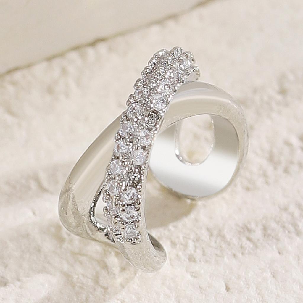 Double Layer Ear Cuff with Shiny Stones Elegant Silver Tone Non Piercing Ear Clip for Women Fashion Jewelry Accessory