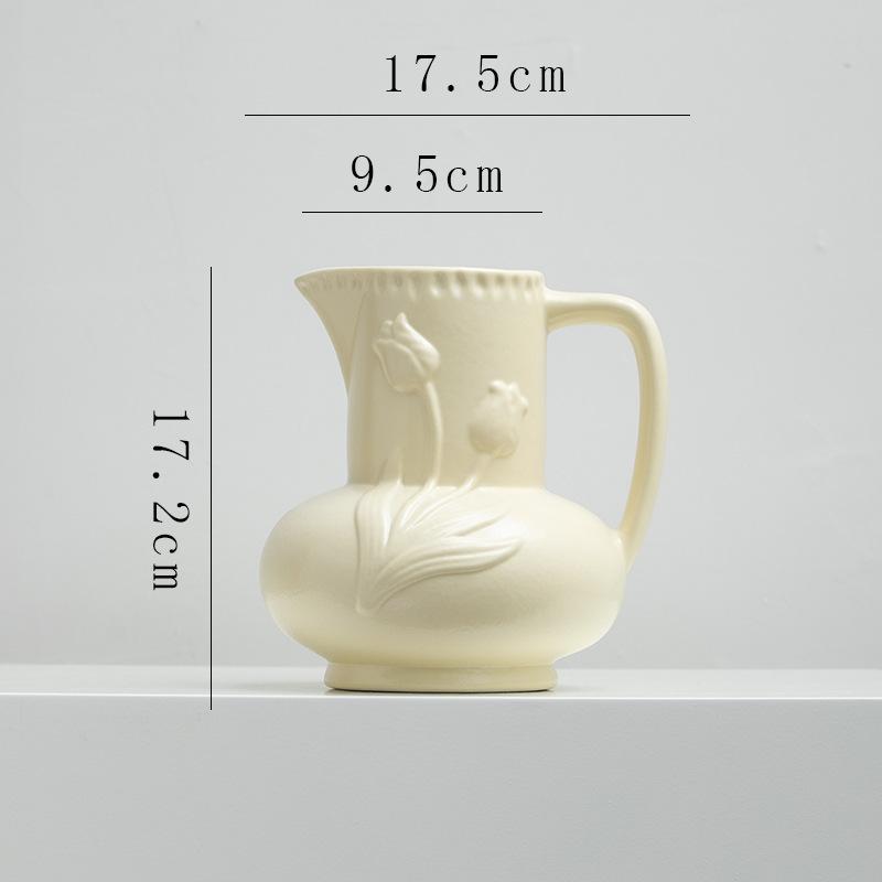 Ceramic Vase Retro Porcelain Teapot Relief Tulip Flower Vase Flower Arrangement Accessories Flowerpot Home Decoration