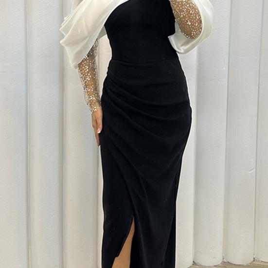 Vestido de noche para mujer, hombros descubiertos, corte bajo, cintura ajustada, dobladillo dividido, manga de malla, color a juego, longitud del tobillo, fiesta de graduación, cóctel, vestido largo de boda