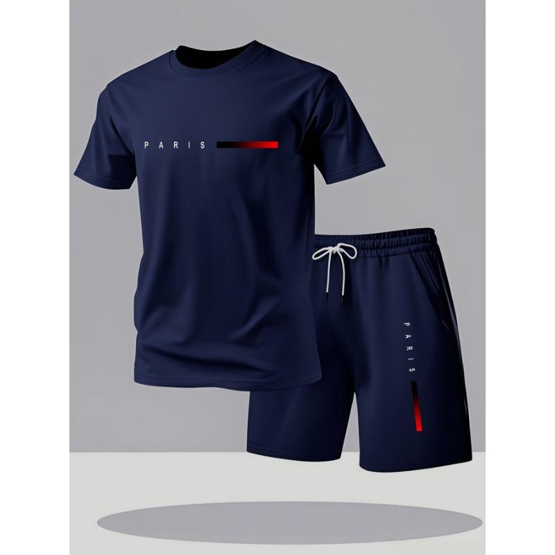 Herren Sommer T-Shirt und Shorts Set Lässige Entspannte Passform Sportliches Rundhals Kurzarm T-Shirt Paris Buchstaben Druck Zweiteiliges Set
