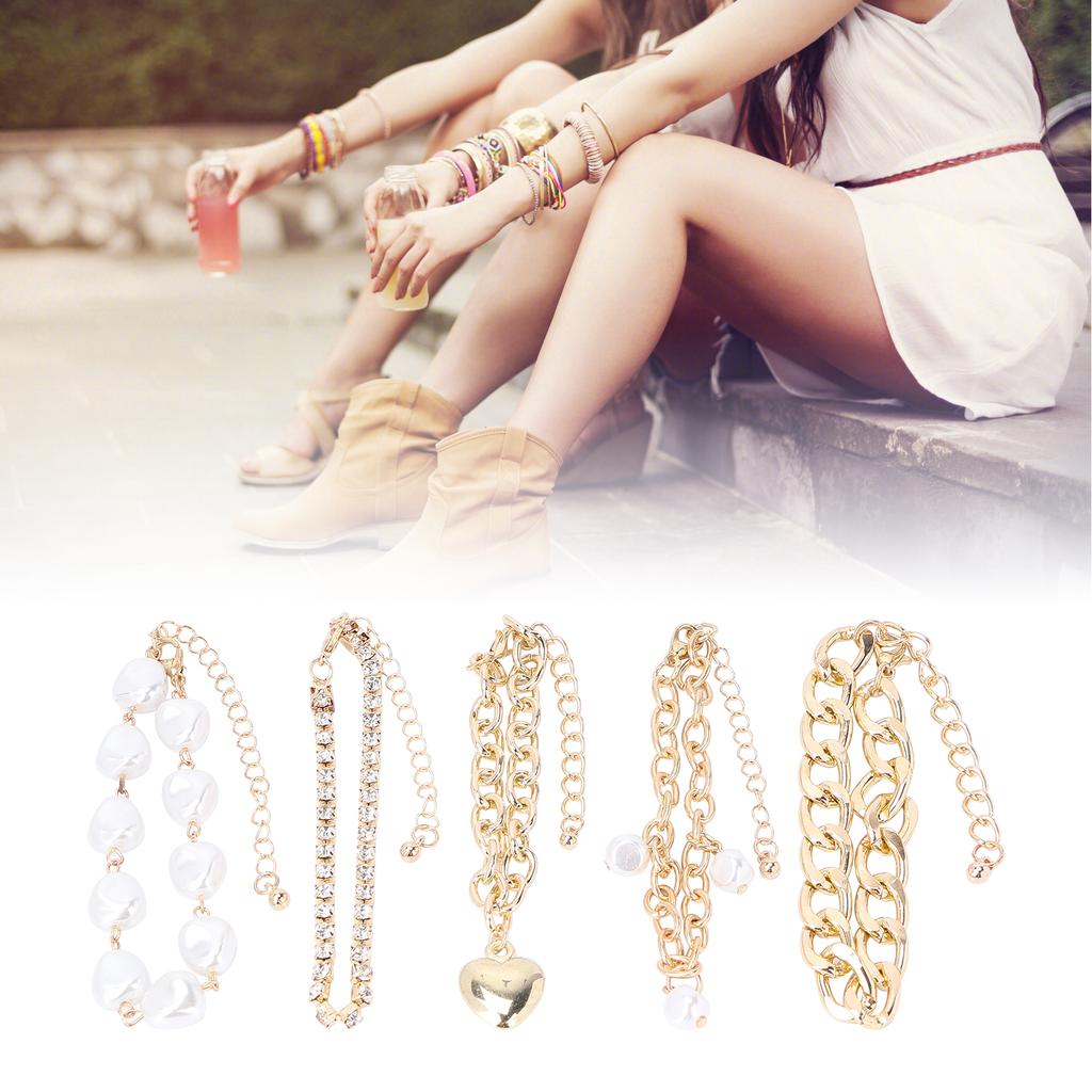 5pcs Elegant Bracelet Set Imitation Pearls Heart Alloy Fashionable Hip Hop Bracelet