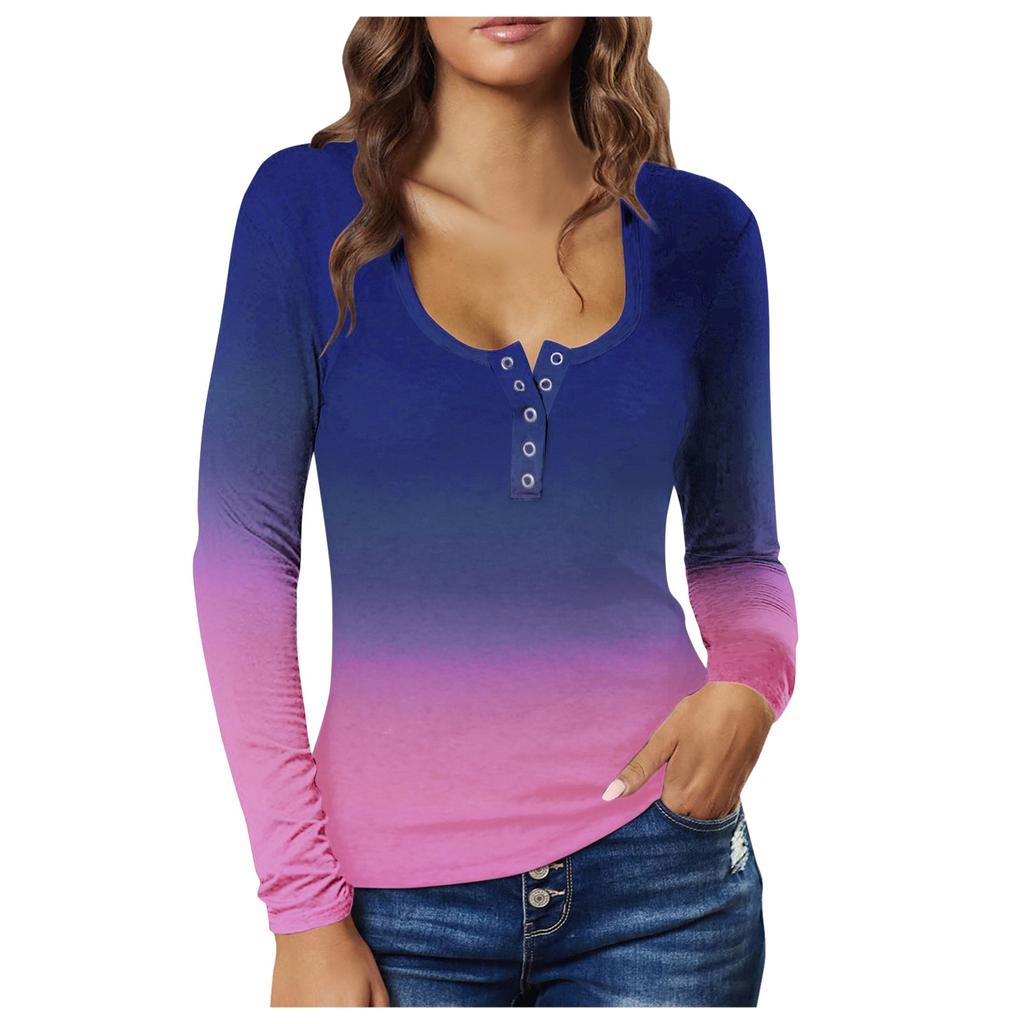 Women's Fashion Long Sleeve Gradient Button Low Chest Sexy Pullover T-Shirt Top