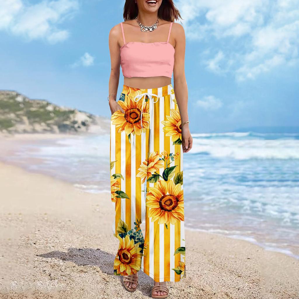 Pantaloni palazzo estivi da donna, stile boho, a vita alta, larghi, con stampa floreale e tasche.