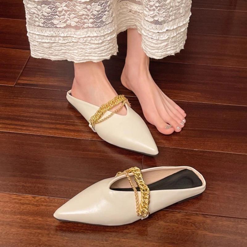 

Pointed Toe Half Slippers Women s Outside Wear New Summer Baotou Shallow Mouth Metal Chain Soft Slip Flat Shoes 35