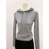 Women's High-End Hooded V-Neck Buttoned Long Sleeve Base Layer Top for Fall/Winter