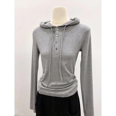 Women's High-End Hooded V-Neck Buttoned Long Sleeve Base Layer Top for Fall/Winter