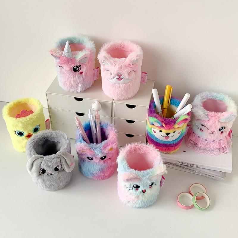 1 Piece Furry Cartoon Unicorn Pencil Holder for Kids Girl Cute Animal Kitten Puppy Sheep Desktop Organizer Makeup Brush Box