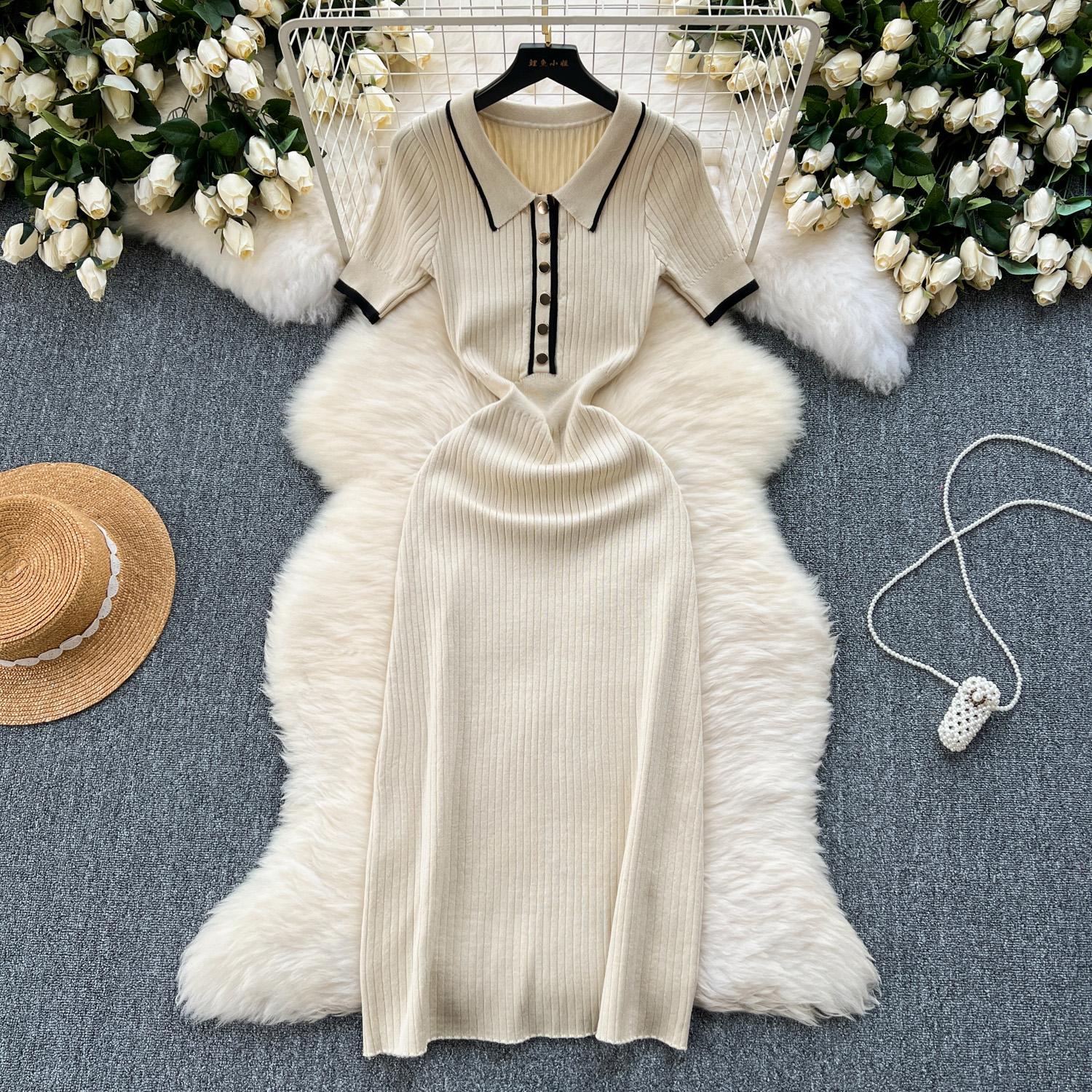 

Новые летние женские трикотажные платья-поло с цветными блоками, элегантное облегающее платье с короткими рукавами и пуговицами, женское платье One Size абрикосовый