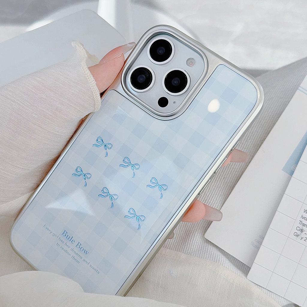 Gilded iPhone 16 phone case 17 Pro Max blue checkered pattern 14 electroplated 13 resin-coated 15 suitable for Apple/Huawei