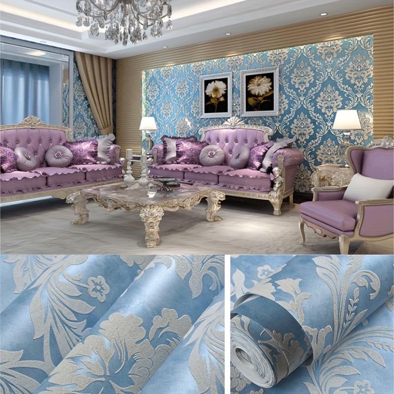 Luxuriöse europäische himmelblaue florale Vliestapete (1 Rolle) - Verdickt, nicht selbstklebend mit Perlmuttbasis für Küche/Schlafzimmer/Wohnzimmer/Arbeitszimmerwand
